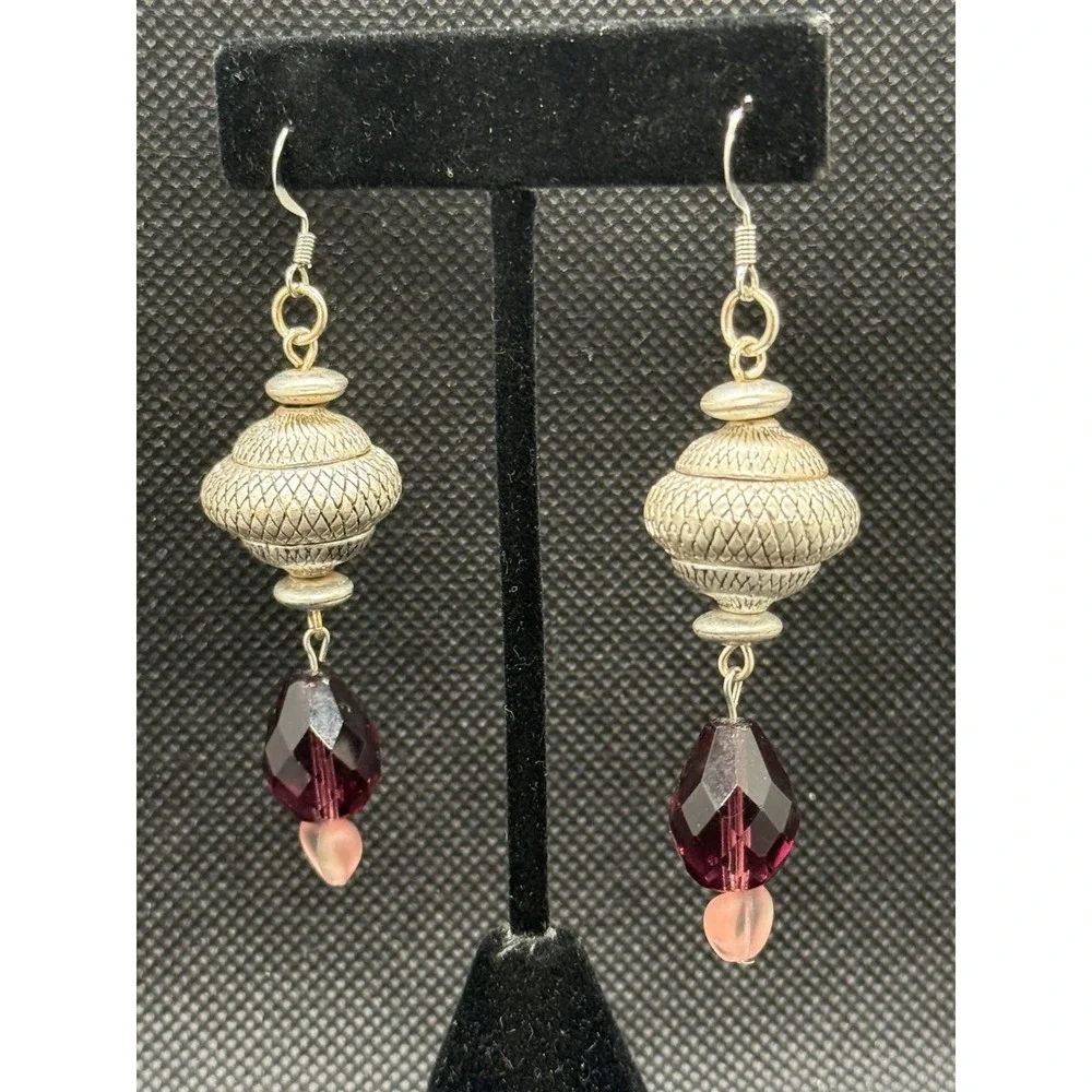 Boho Silver Tone Textured Metal Amethyst & Pink Heart Czech Glass Drop Earrings